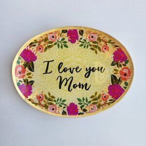 NWT "I love you Mom" Glass Trinket Tray Floral Gold Inlay Mother's Day Birthday